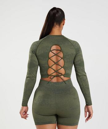 Gymshark Adapt Camo Seamless Lace Up Back Ženske Ošišane Majice Maslinasto Zelene Maslinasto Zelene | HR 3607UZG